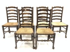 Set six ash ladder back dining chairs, with wave shaped bars, string seats,