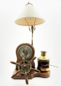 Oak table lamp formed with a Nautical theme with aneroid barometer,