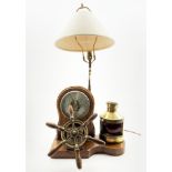 Oak table lamp formed with a Nautical theme with aneroid barometer,