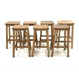 Set six 20th century oak lab stools, and another similar lab stool, (W36cm, H49cm,