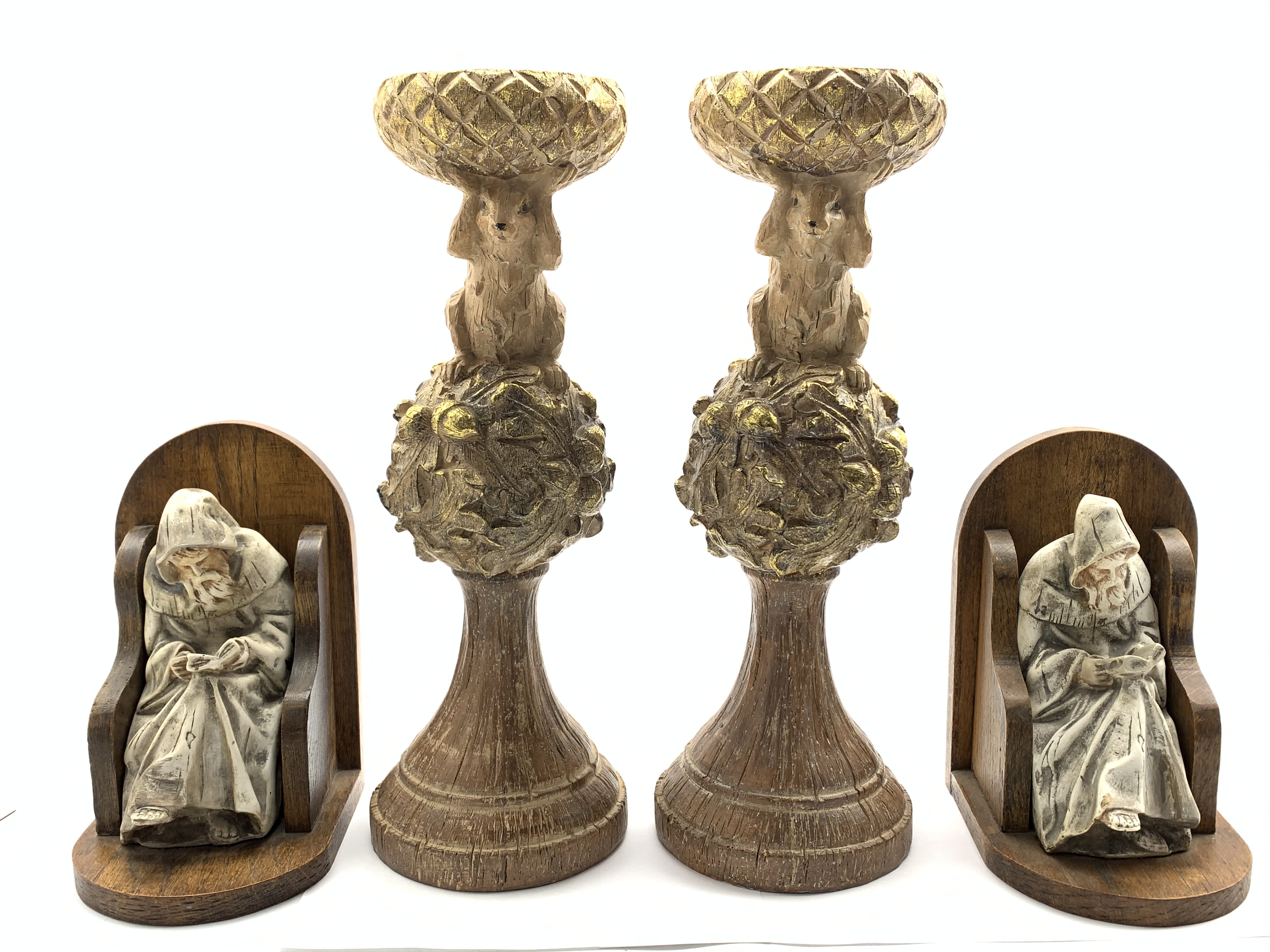 Pair of antique design carved and gilded stands H37cm and a pair of oak bookends with pottery