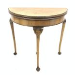 Queen Anne style demi lune fold over card table, the top revealing baize lined playing surface,
