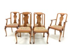 Set six (4+2) Queen Anne style stained beach dining chairs,