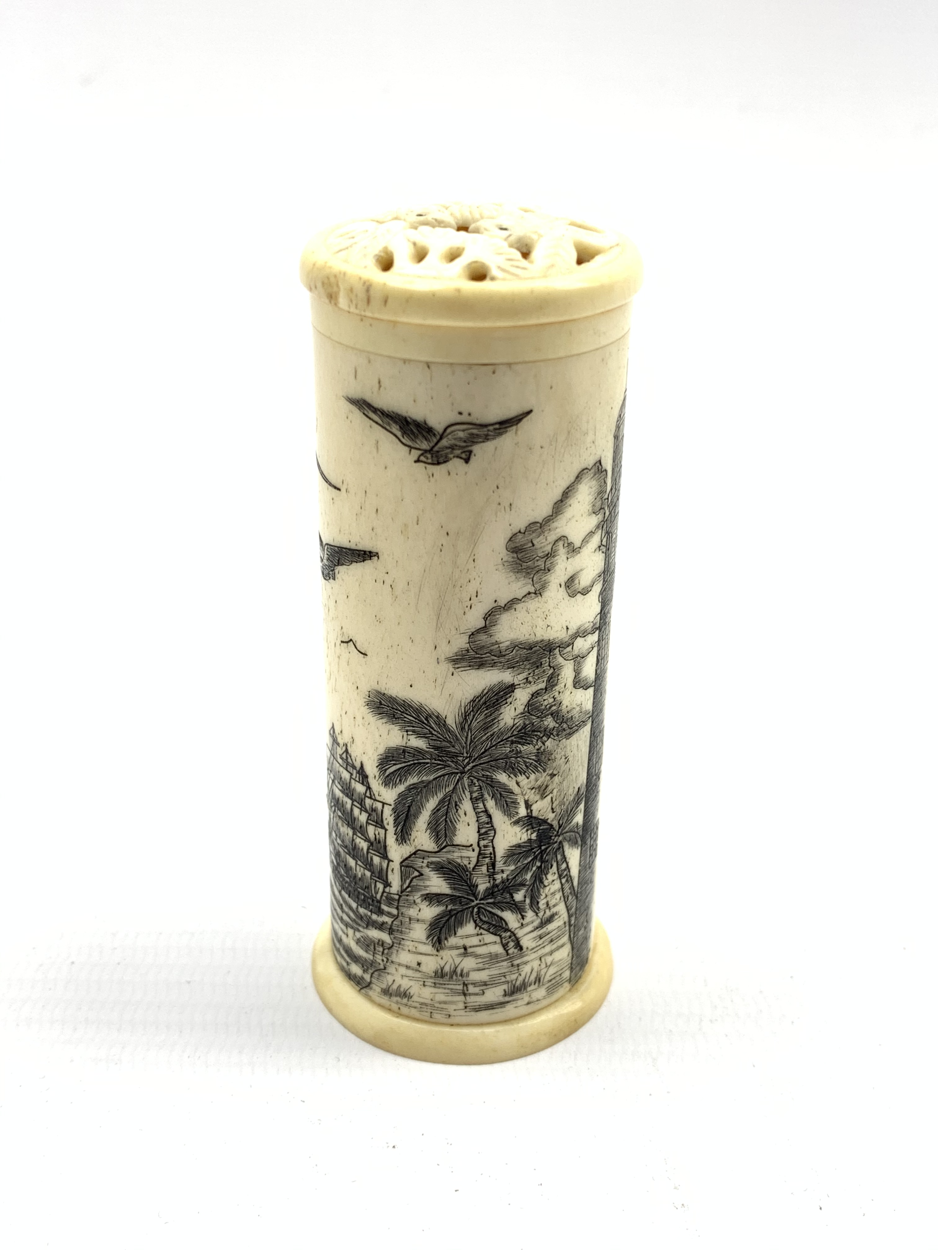 Scrimshaw style carved bone cylindrical box, - Image 2 of 2