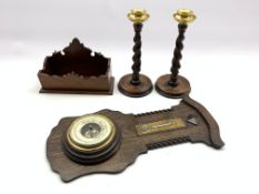 Aneroid barometer and thermometer in oak case,