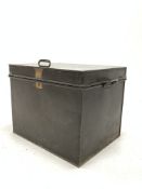 Victorian cast iron strong box, hinged lid revealing green painted interior,