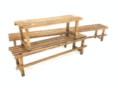 Three slatted pine changing room benches, L234cm, H41cm,