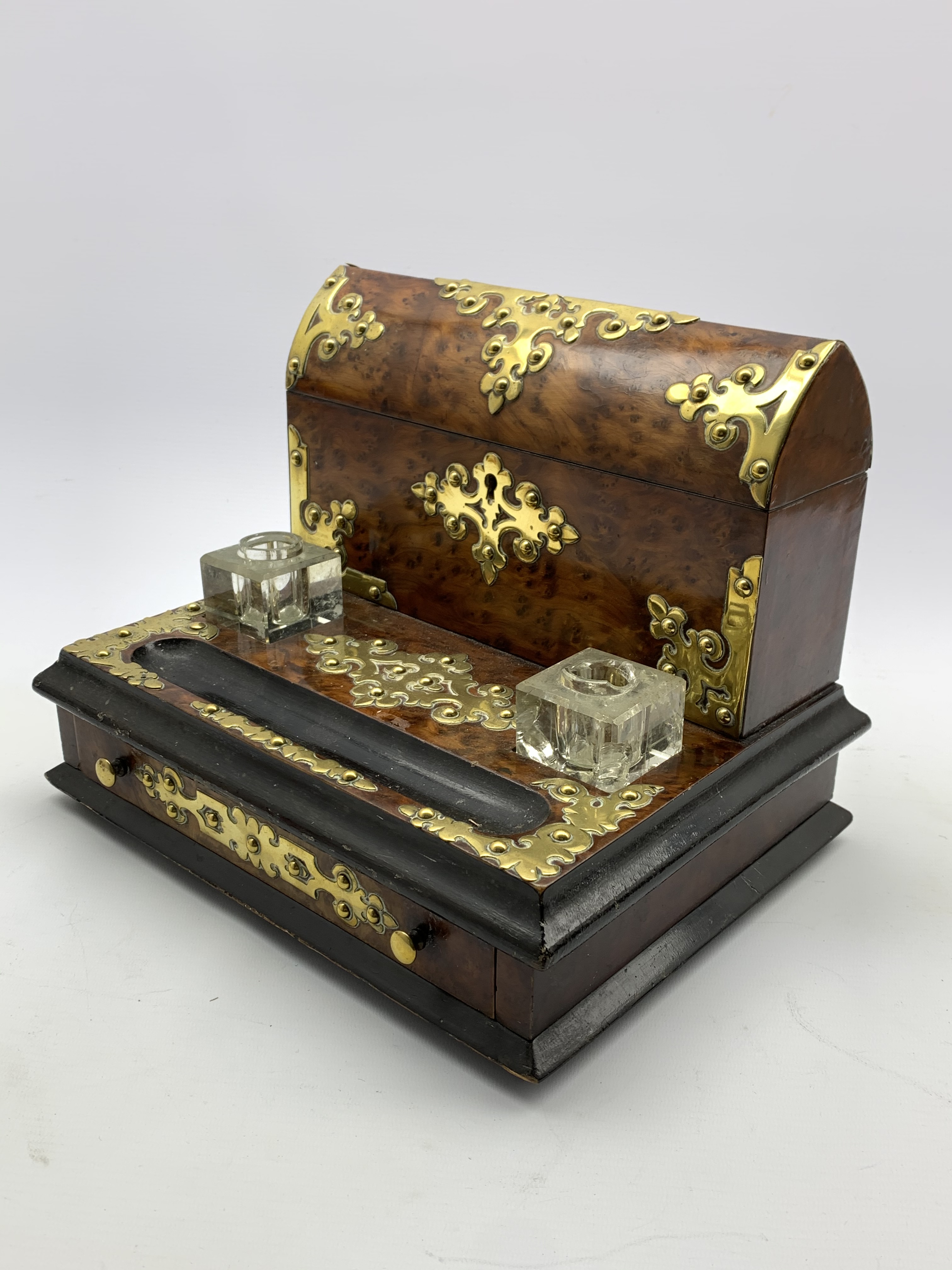 Victorian birds eye maple inkstand with applied brass mounts fitted with a domed stationery casket - Image 3 of 3