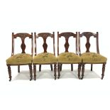 Set four late 19th century walnut dining chairs, carved cresting rail, upholstered seat,