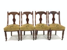 Set four late 19th century walnut dining chairs, carved cresting rail, upholstered seat,