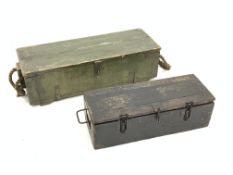 Early 20th century hardwood ammunitions box, with recessed iron carry handle to each end,