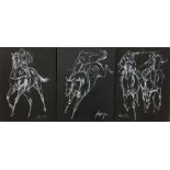 Jacquie Jones (b 1961) Series of three horse racing paintings in white on a black background,