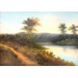 Unsigned oil on board of a lake landscape in gilt frame 49cm x 69cm Condition Report &