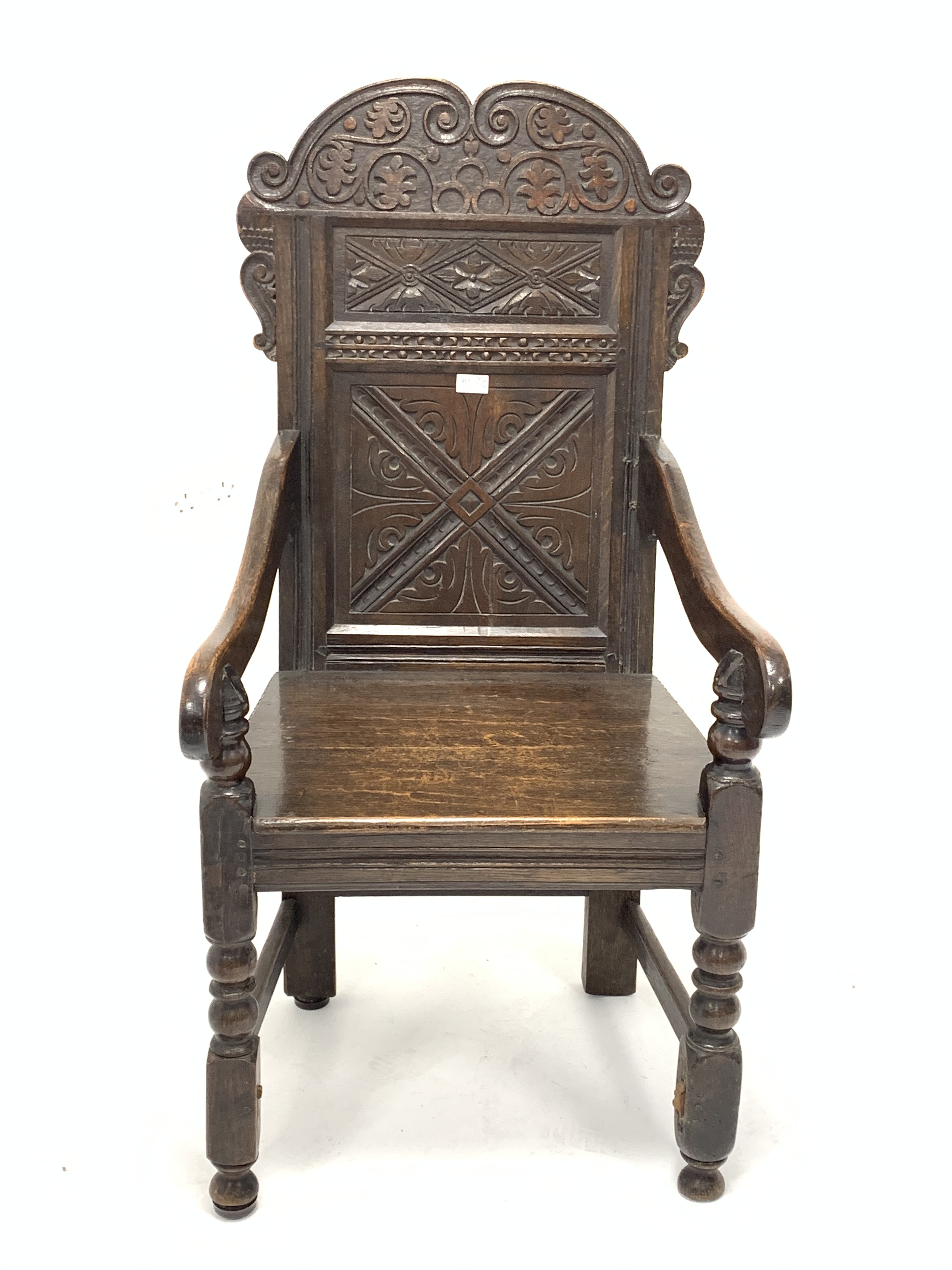 18th century and later oak Wainscote chair, scroll carved back panel, - Image 3 of 5