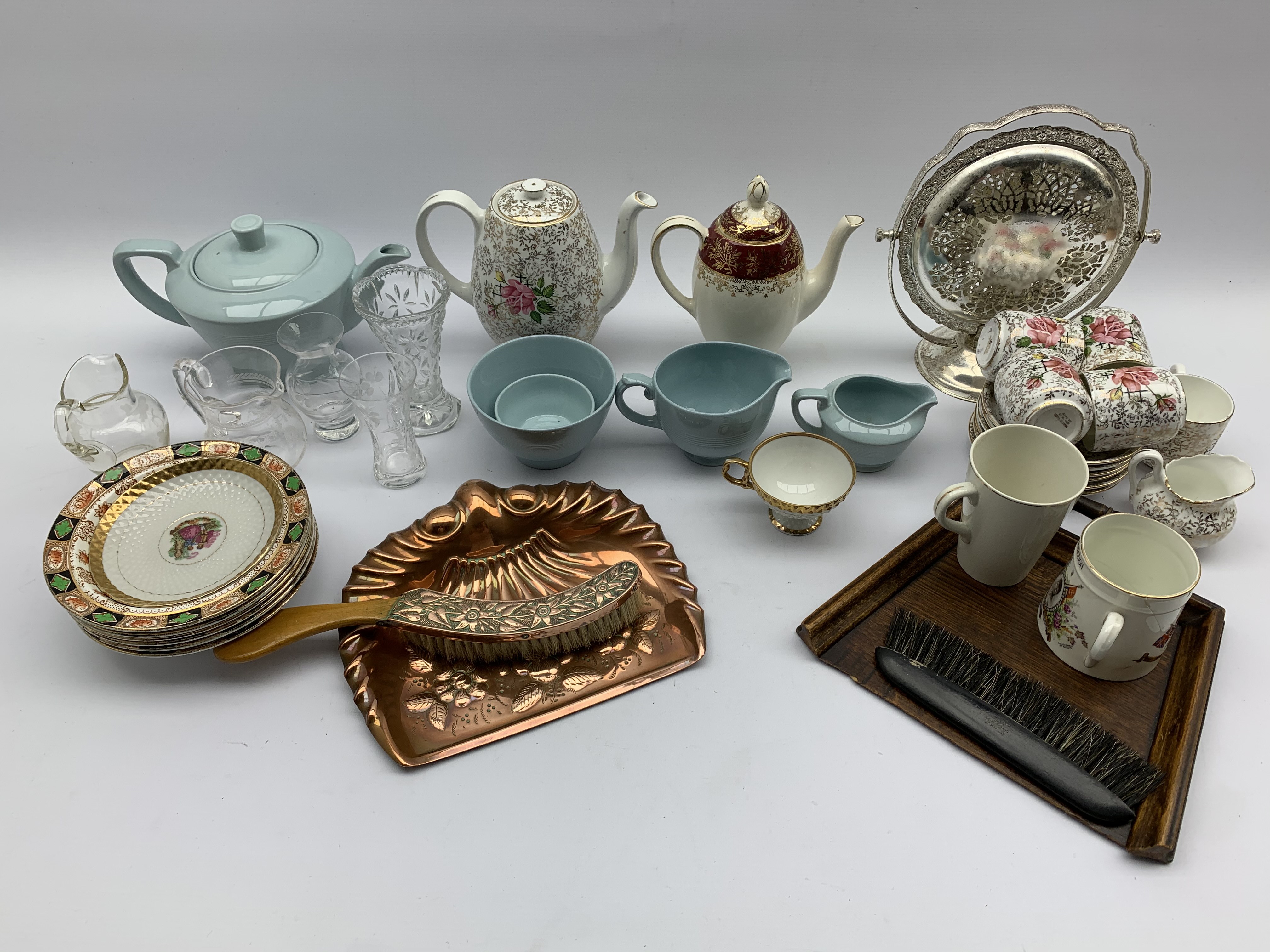 Devon ware 'silverine' teapot, sugar basin and jug, - Image 2 of 4