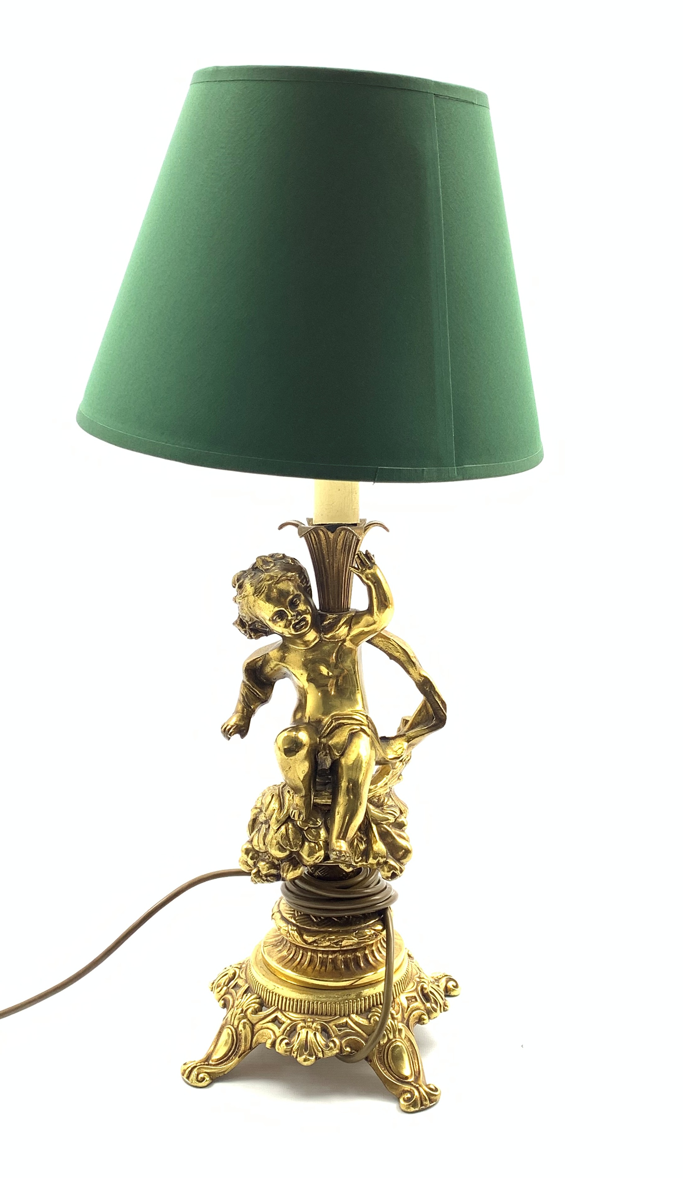 Gilt metal table lamp with cherub stem on a rococo style base H46cm excluding shade