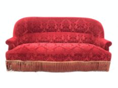 Early 20th century three seat sofa upholstered in red floral tasseled velvet, W189cm, H86cm,