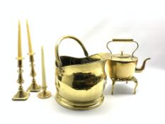 Brass coal bucket and coal tongs, pair of Victorian brass candlesticks,