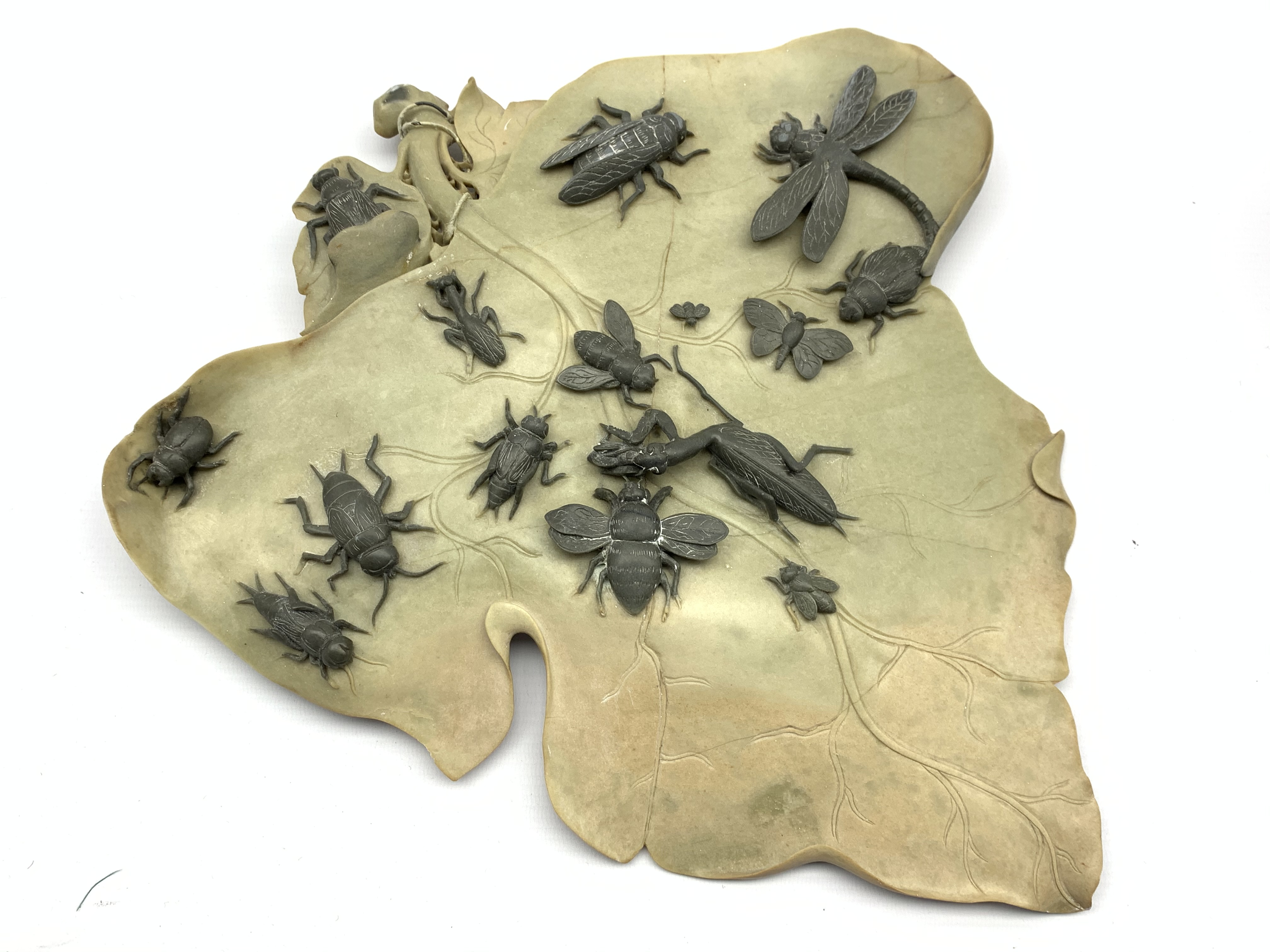 Chinese carved soapstone leaf shape plaque decorated with applied pewter insects 37cm x 34cm - Image 2 of 2