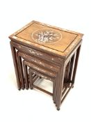 20th century oriental hardwood nest of four tables with mother of pearl inlay, 51cm x 36cm,
