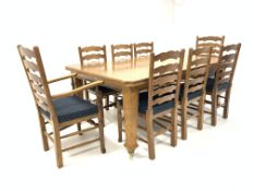 Solid oak telescopic dining table, the top with canted corners,