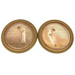 Pair of circular coloured prints of girls gathering shells and flowers in gilt frames D50cm