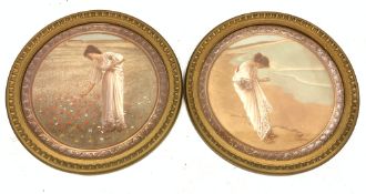 Pair of circular coloured prints of girls gathering shells and flowers in gilt frames D50cm