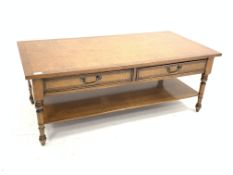20th century burr walnut coffee table, cross banded top with chequered inlay over two drawers,