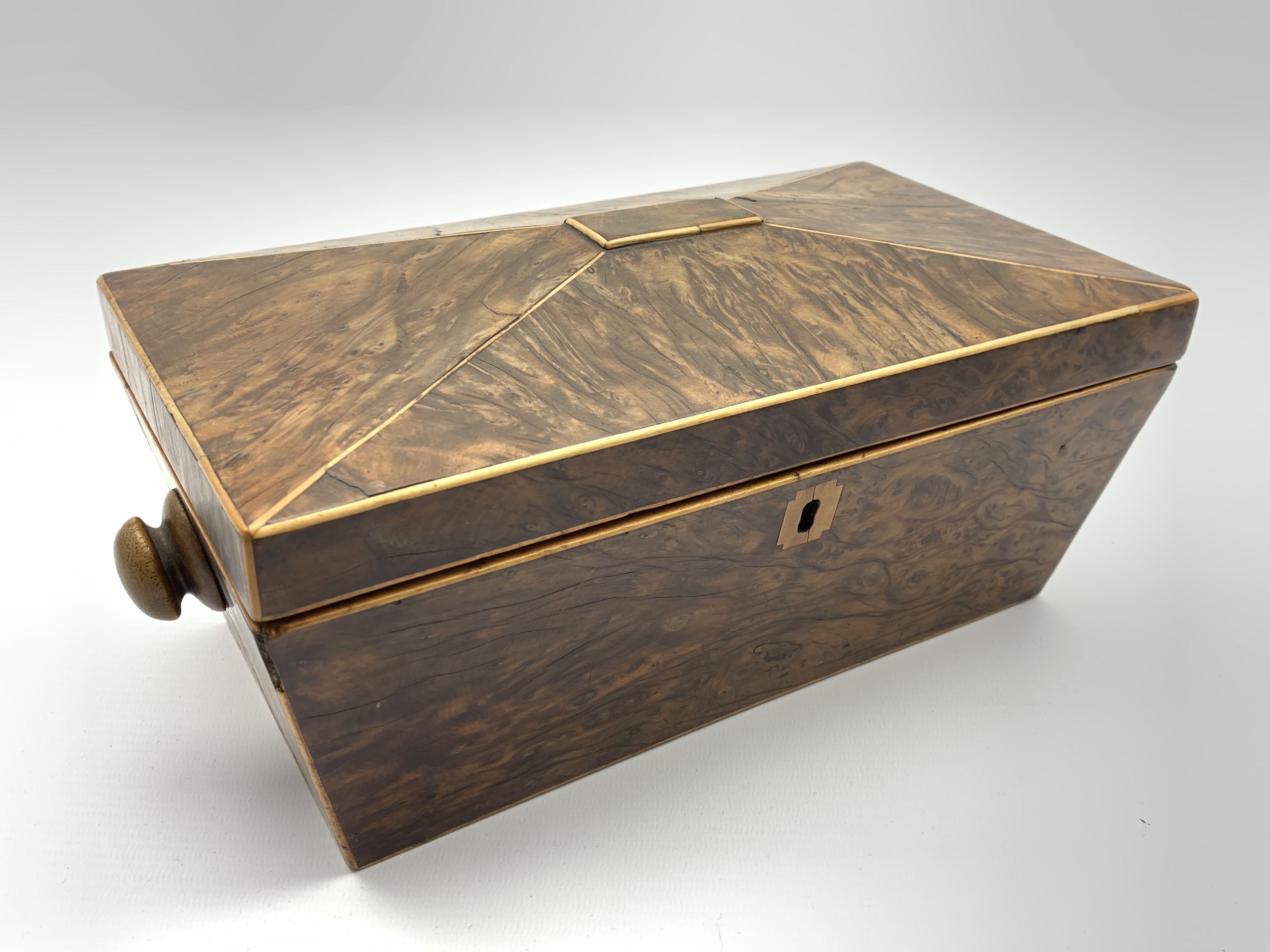 Early 19th Century sarcophagus shape yew wood tea caddy,