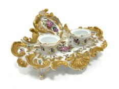 Late 19th Century Continental porcelain inkstand of rococo design decorated with floral sprays