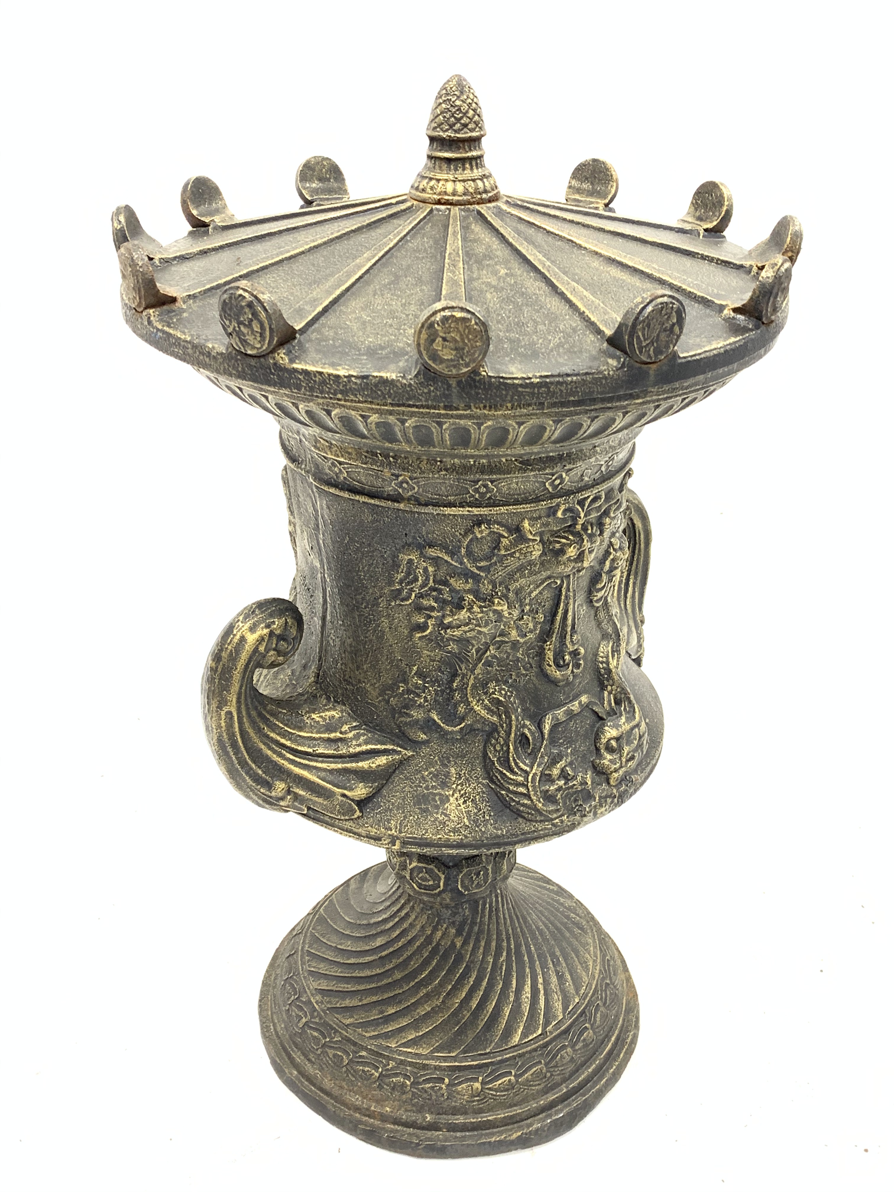 Large bronze finish cast iron garden urn, decorated with foliage swags and dolphins, - Image 2 of 2