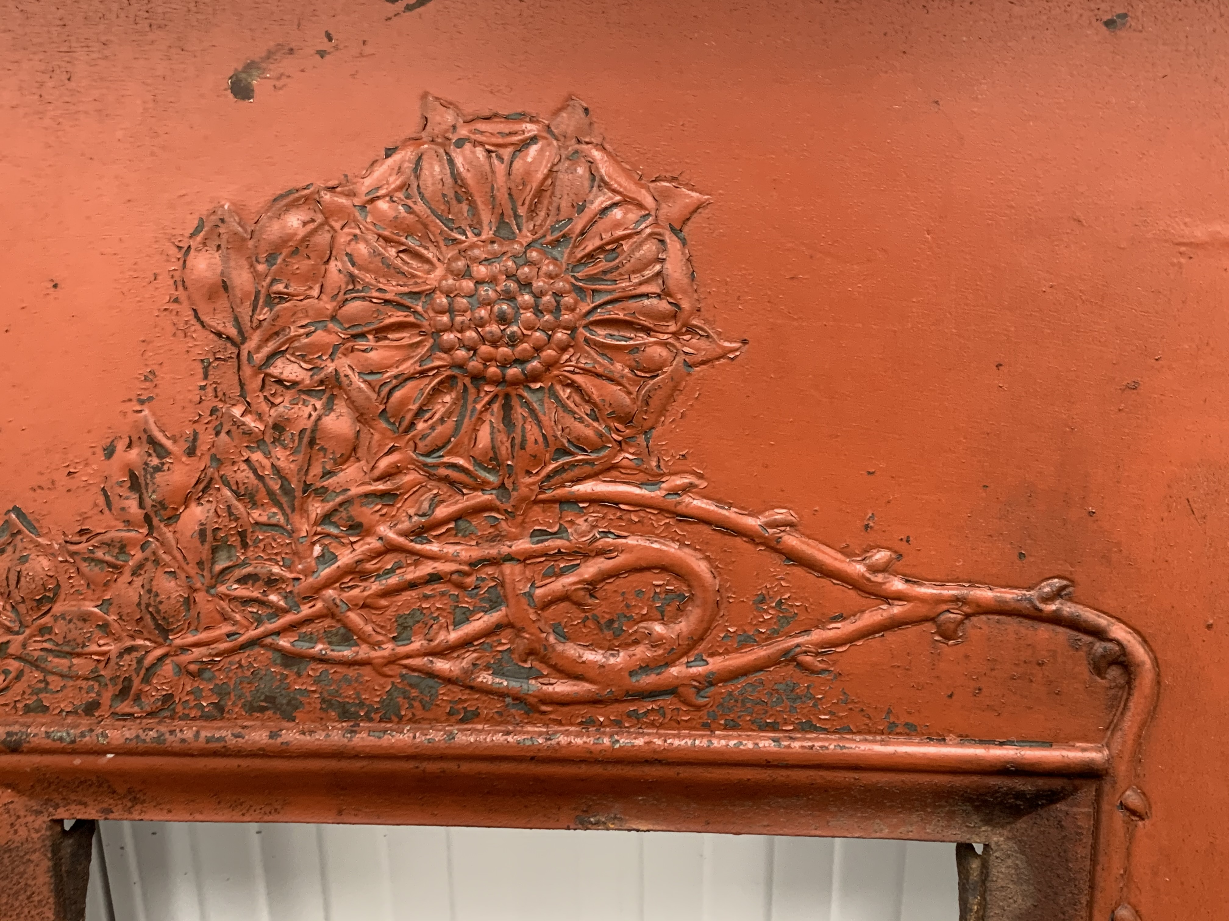 Victorian cast iron bedroom fire surround, with rose and trailing thorn decoration, W108cm, H131cm, - Image 3 of 3