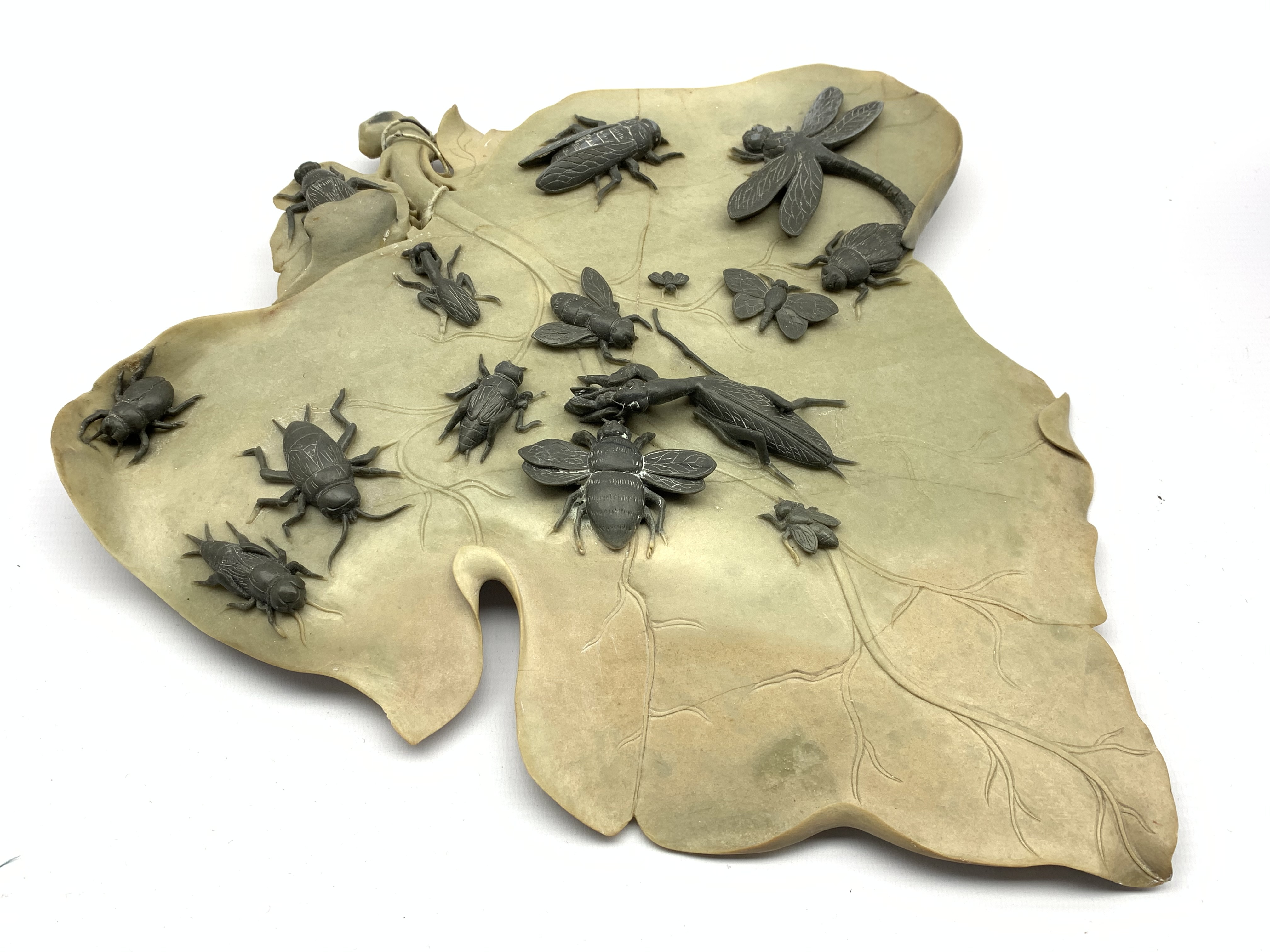 Chinese carved soapstone leaf shape plaque decorated with applied pewter insects 37cm x 34cm