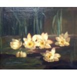 Unsigned still life oil on board 'Water Lilies' 47cm x 58cm Condition Report & Further