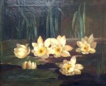 Unsigned still life oil on board 'Water Lilies' 47cm x 58cm Condition Report & Further