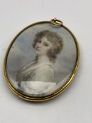 Circle of Cosway, miniature oval portrait of a young lady in white dress with blue sash,