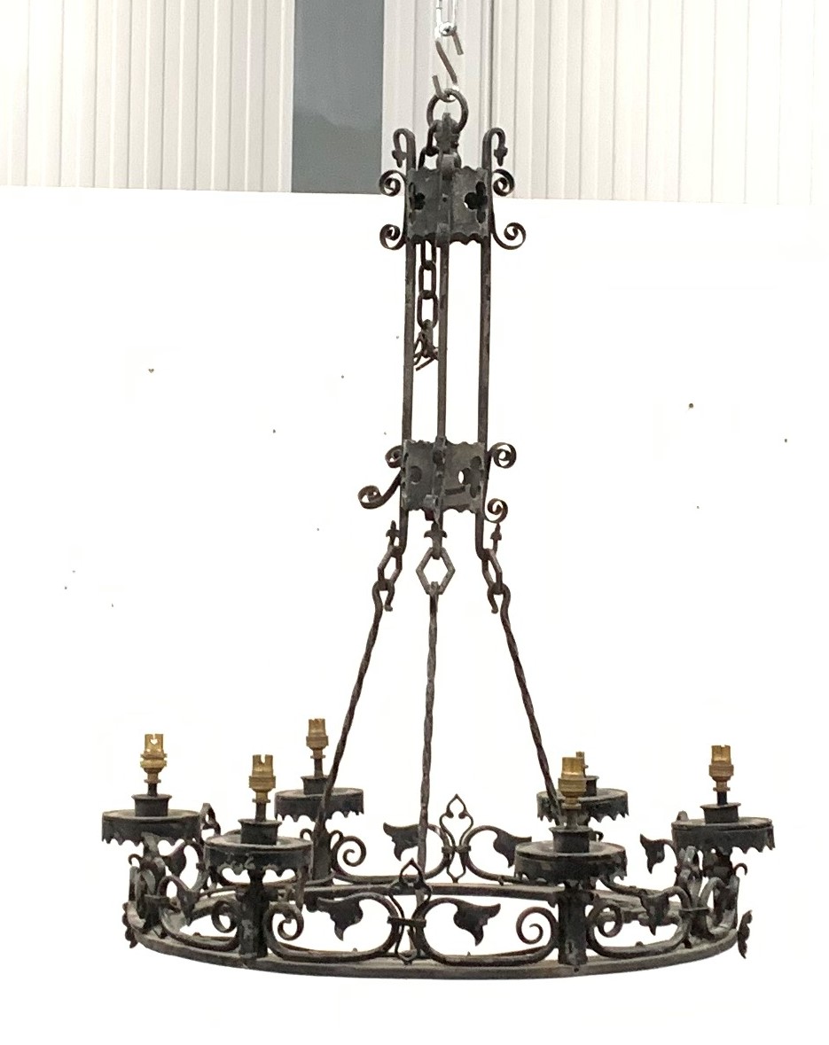 Early 20th century cast iron hanging six branch electrolier-chandelier of Gothic design, - Image 3 of 5