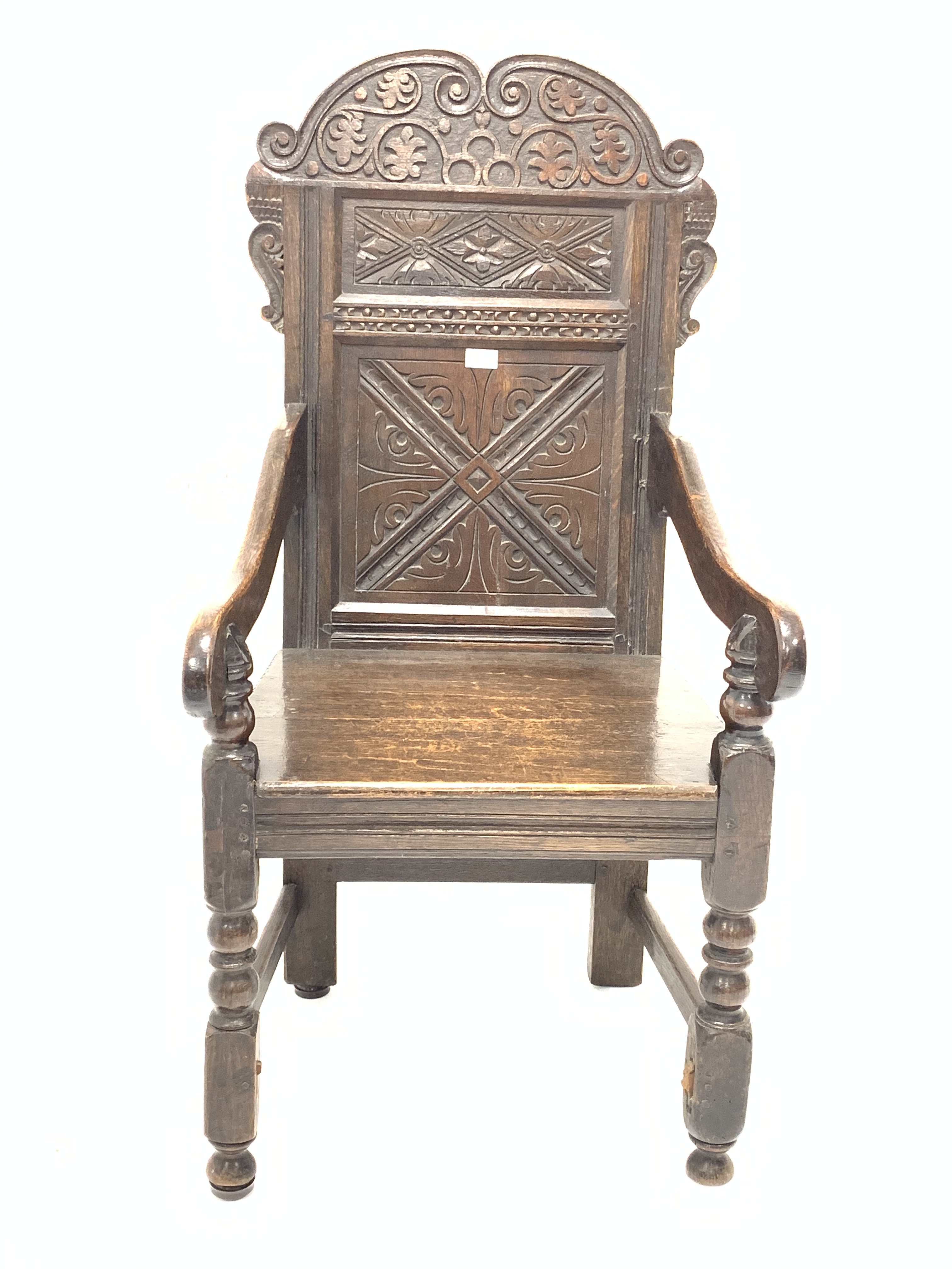 18th century and later oak Wainscote chair, scroll carved back panel, - Image 2 of 5