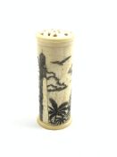 Scrimshaw style carved bone cylindrical box,