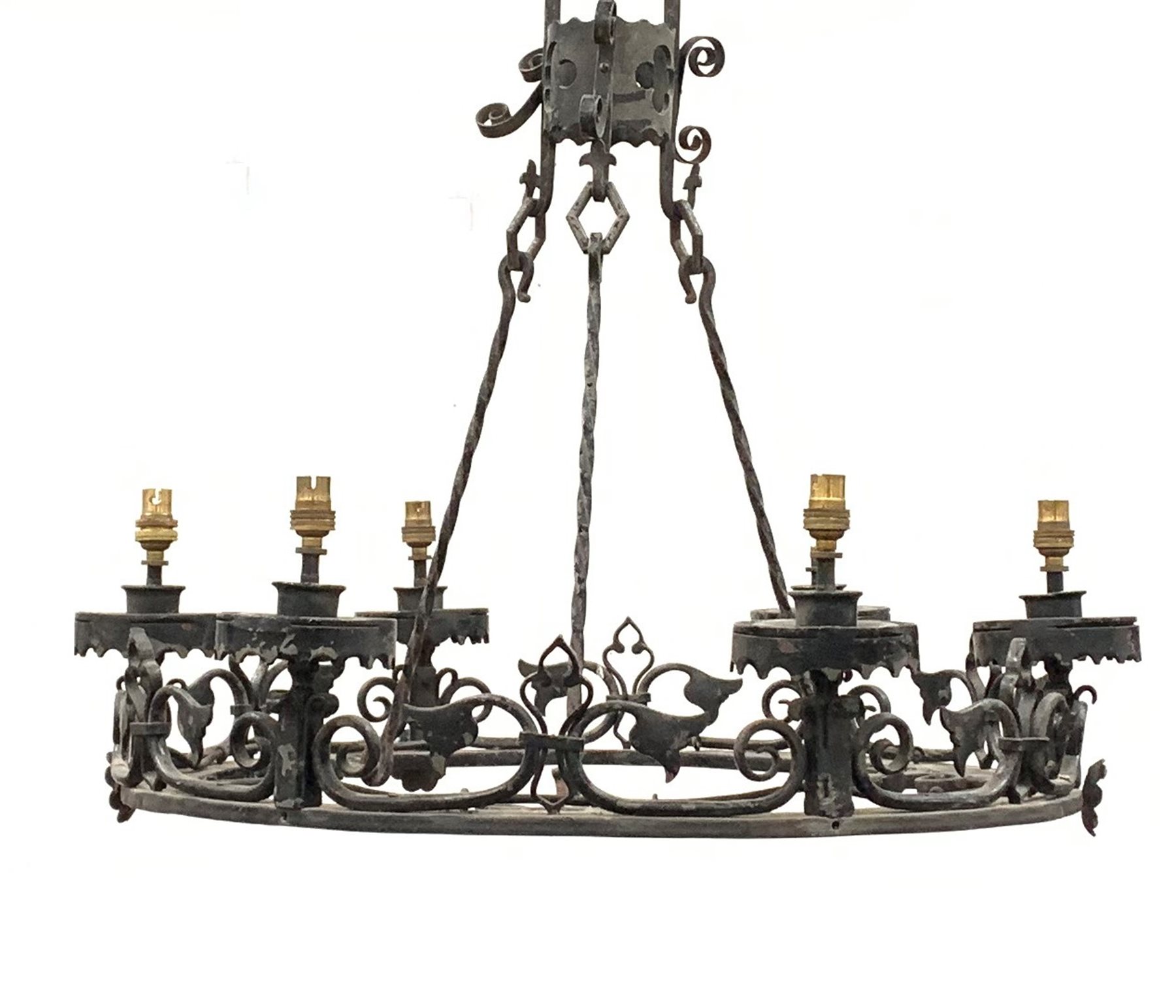 Early 20th century cast iron hanging six branch electrolier-chandelier of Gothic design, - Image 4 of 5