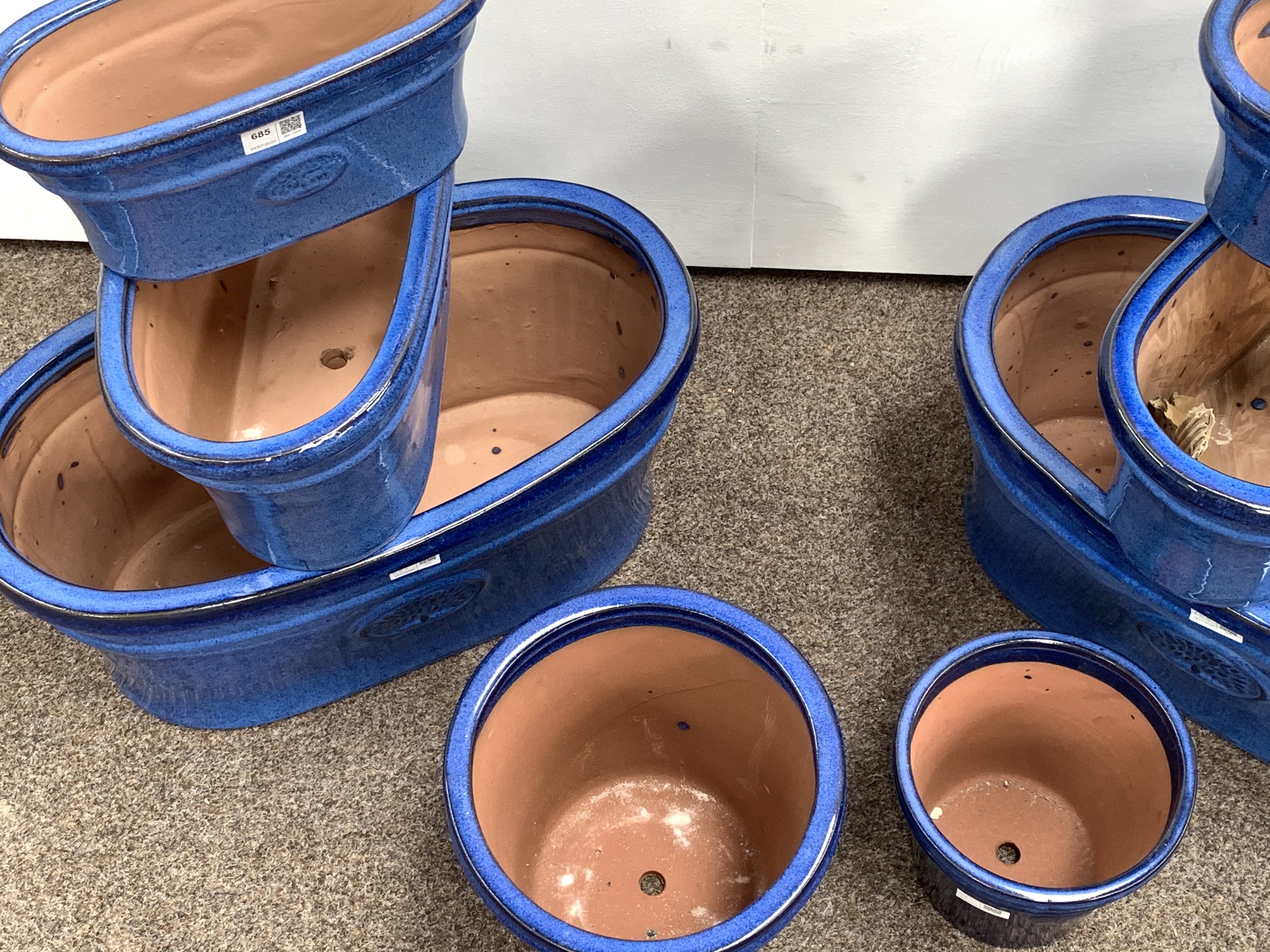 Eight blue glazed terracotta planters/plant pots, various shapes and sizes, - Image 2 of 2