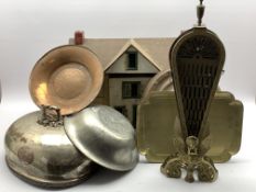 Brass fan fire screen other items of metalware and a wooden dolls house Condition Report