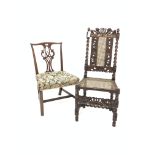 17th century Carolean oak side chair, cane seat and back panel,