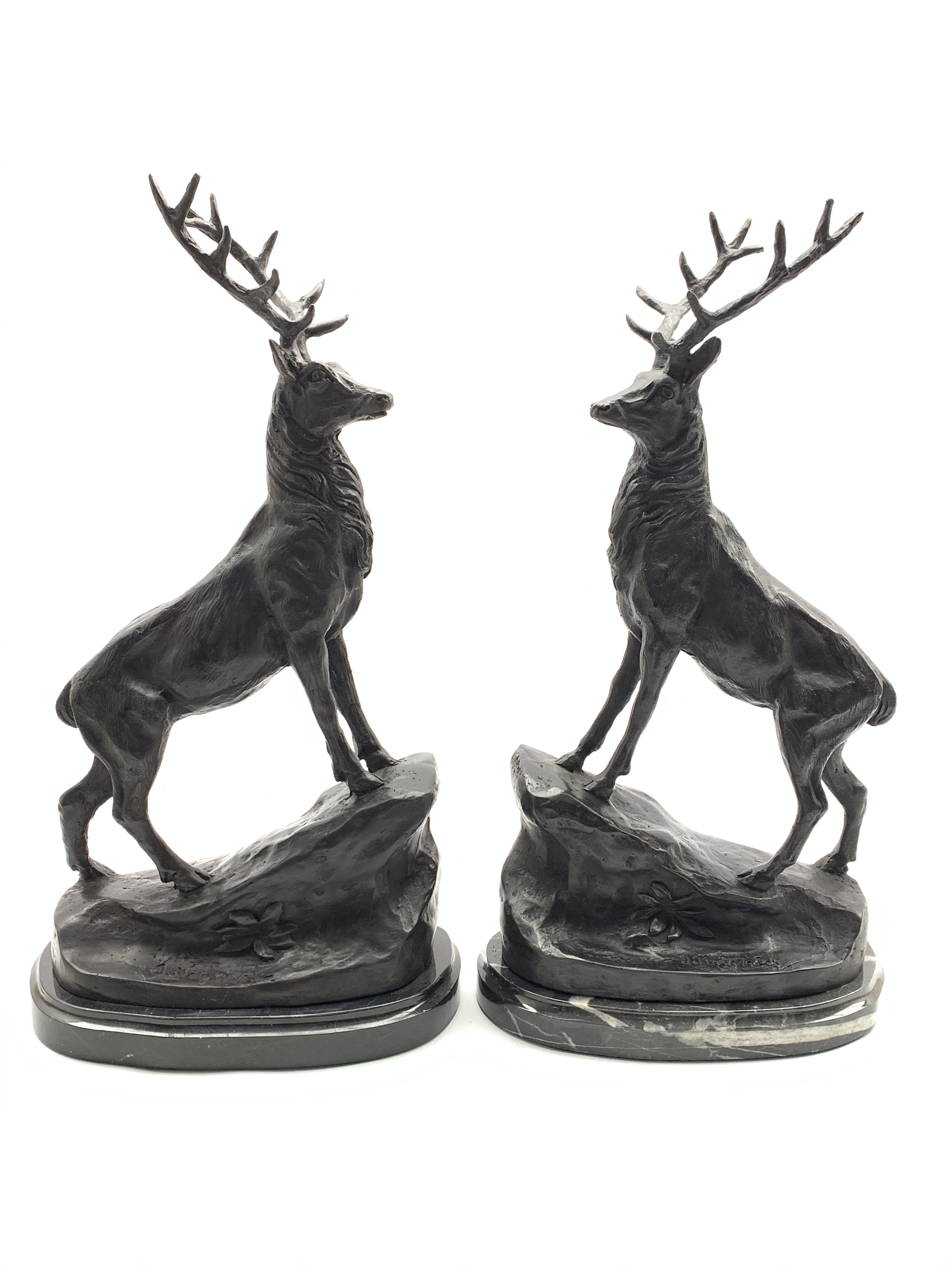 After J Moignier - Pair of bronze stags on oval marble bases H44cm x W22cm Condition