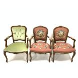 Pair French style beech framed salon armchairs,