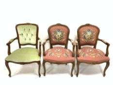 Pair French style beech framed salon armchairs,