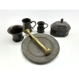 19th Century lead tobacco jar and cover W14cm, 18th Century small bronze mortar H8cm, brass pestle,