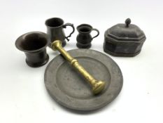 19th Century lead tobacco jar and cover W14cm, 18th Century small bronze mortar H8cm, brass pestle,