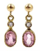 Pair of 9ct gold pink tourmaline and diamond pendant earrings, hallmarked