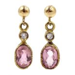 Pair of 9ct gold pink tourmaline and diamond pendant earrings, hallmarked